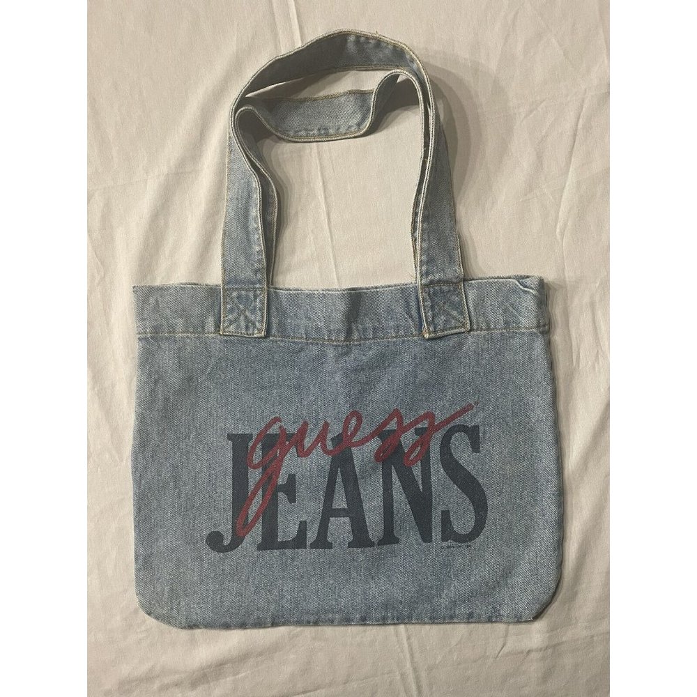 VINTAGE GUESS JEANS USA EARLY 90'S DENIM TOTE BAG PURSE SPELL OUT RETRO SHOPPER